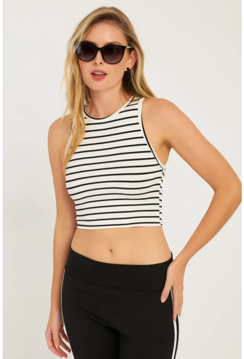 Kadın Siyah-Beyaz İkili Çizgili Crop Bluz CG346