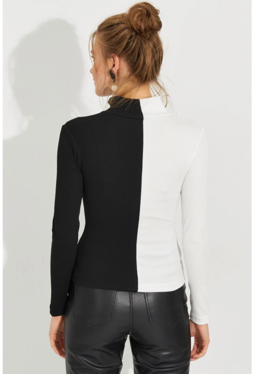 Kadın Siyah-Beyaz Renk Bloklu Kaşkorse Bluz EY2586