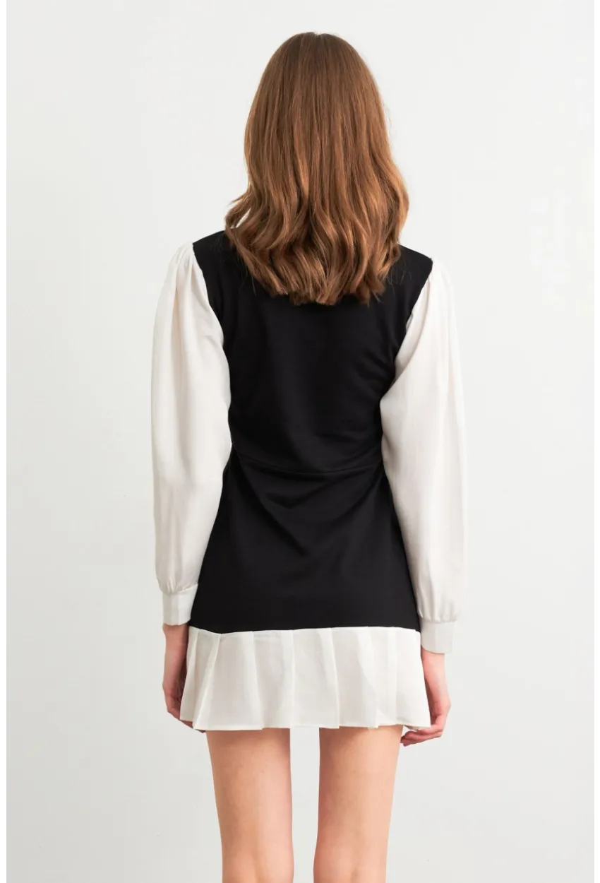 Kadın Siyah-Beyaz Renk Bloklu Mini Elbise HOR0052