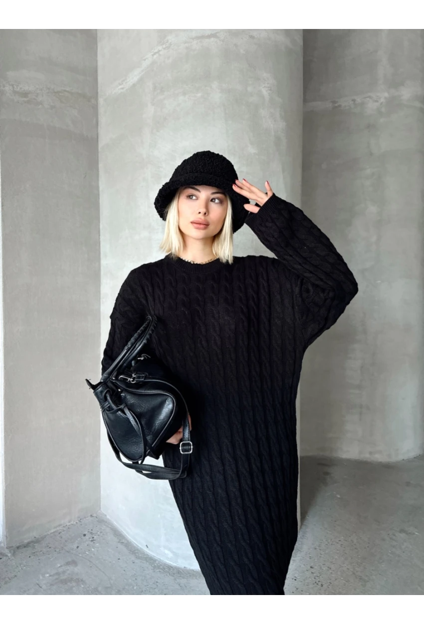 Kadın Siyah Bisiklet Yaka Saç Örgülü Kadın Triko Midi Elbise