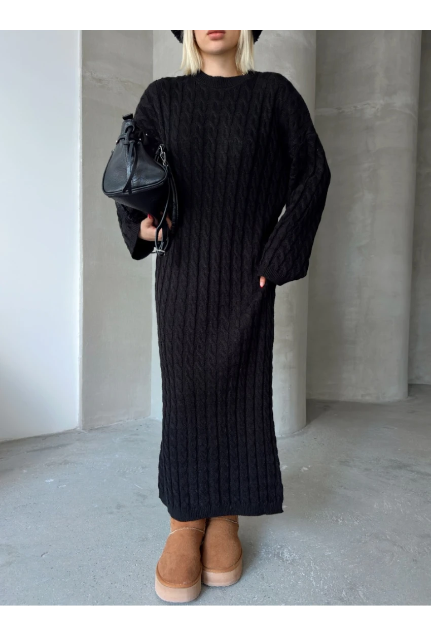 Kadın Siyah Bisiklet Yaka Saç Örgülü Kadın Triko Midi Elbise