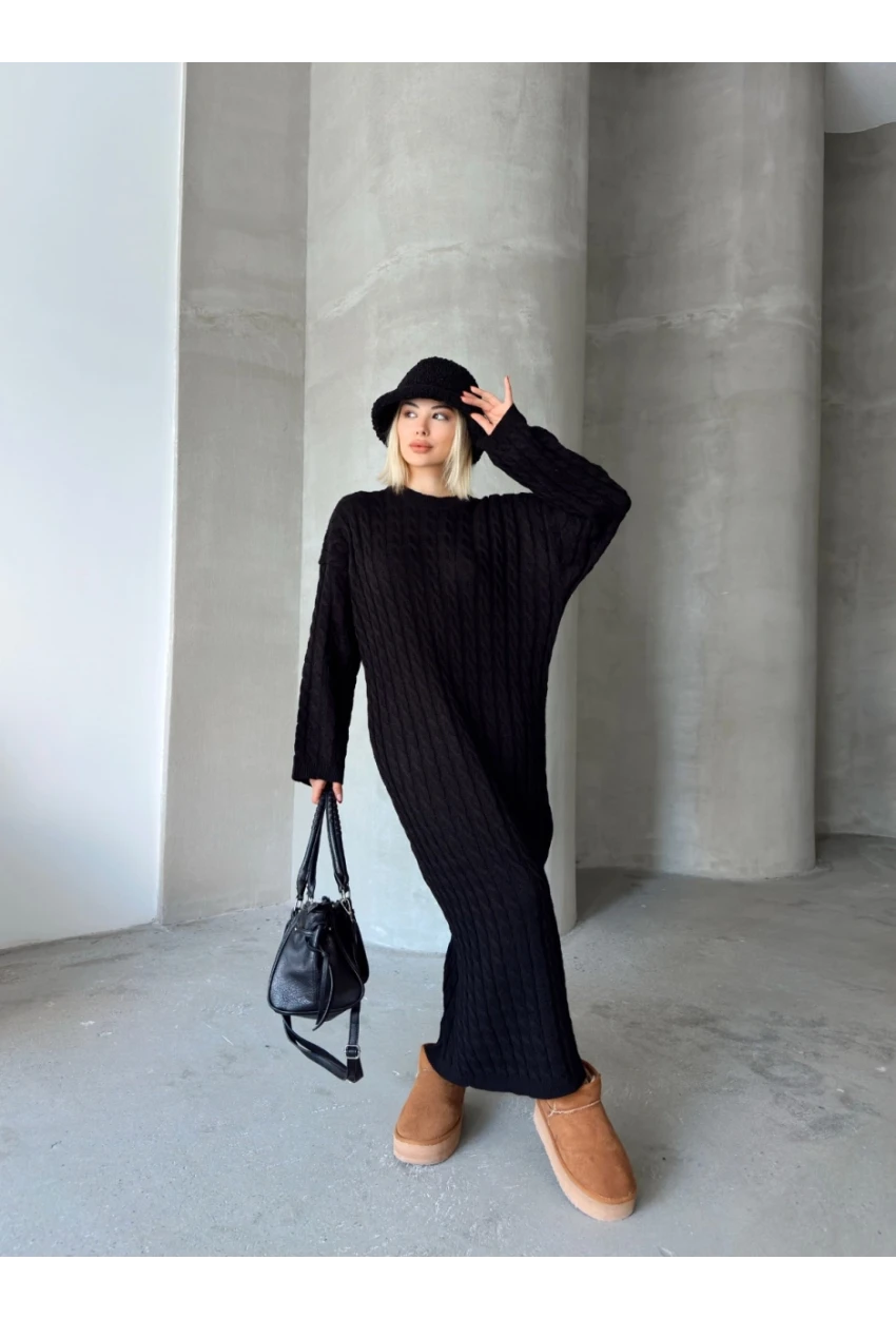 Kadın Siyah Bisiklet Yaka Saç Örgülü Kadın Triko Midi Elbise