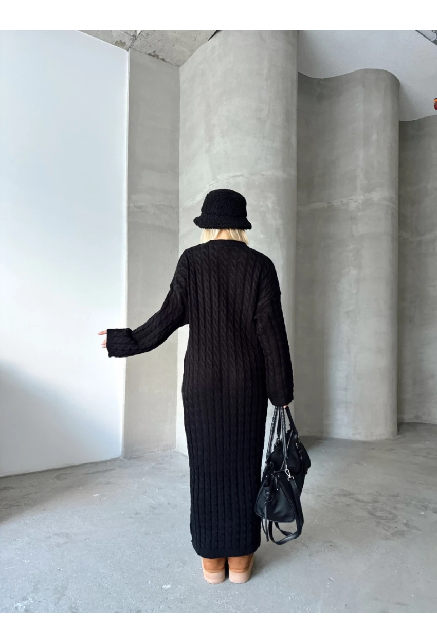 Kadın Siyah Bisiklet Yaka Saç Örgülü Kadın Triko Midi Elbise