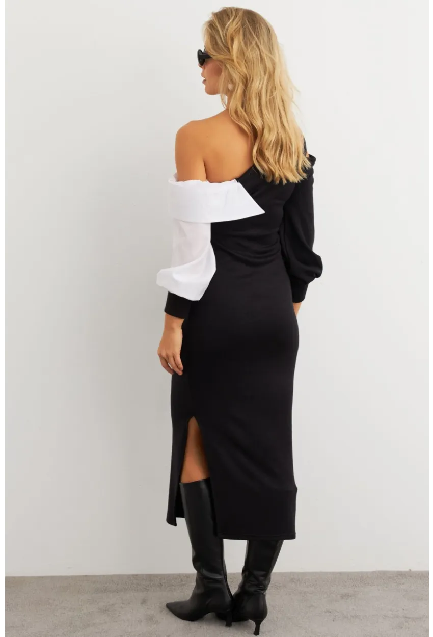 Kadın Siyah Blok Kumaşlı Asimetrik Yaka Maxi Elbise KED4469