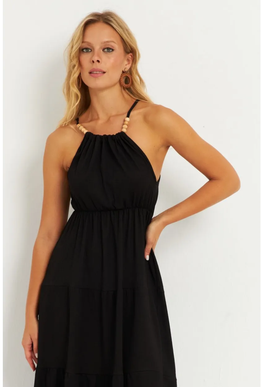 Kadın Siyah Boncuk Detaylı Bürümcük Midi Elbise HO52