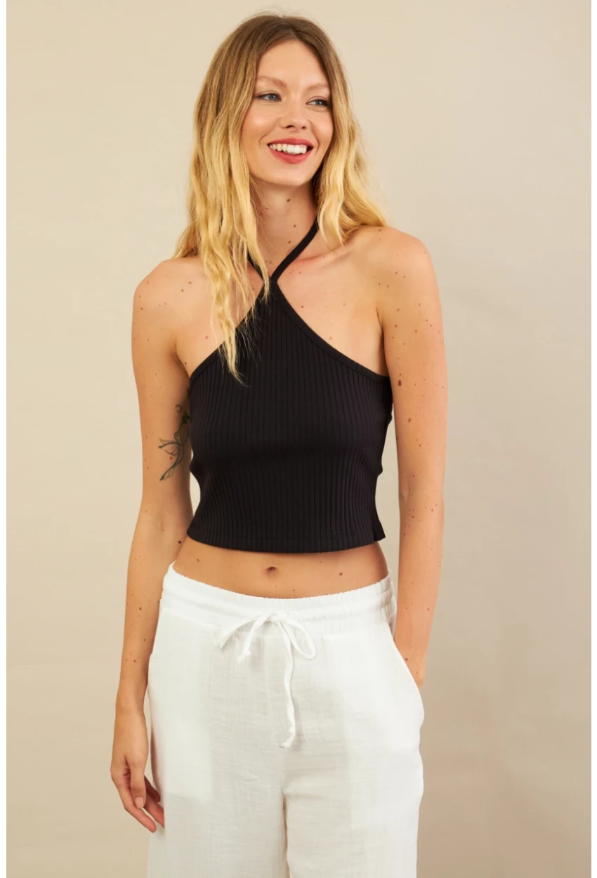 Kadın Siyah Boncuk Detaylı Sırtı Açık Bluz LPP1245-90