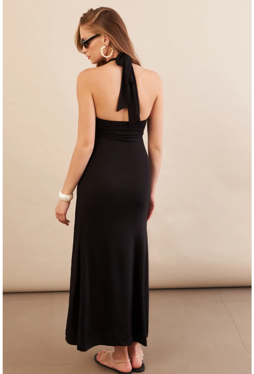 Kadın Siyah Boyun Bağlamalı Halter Midaxi Elbise EY3113