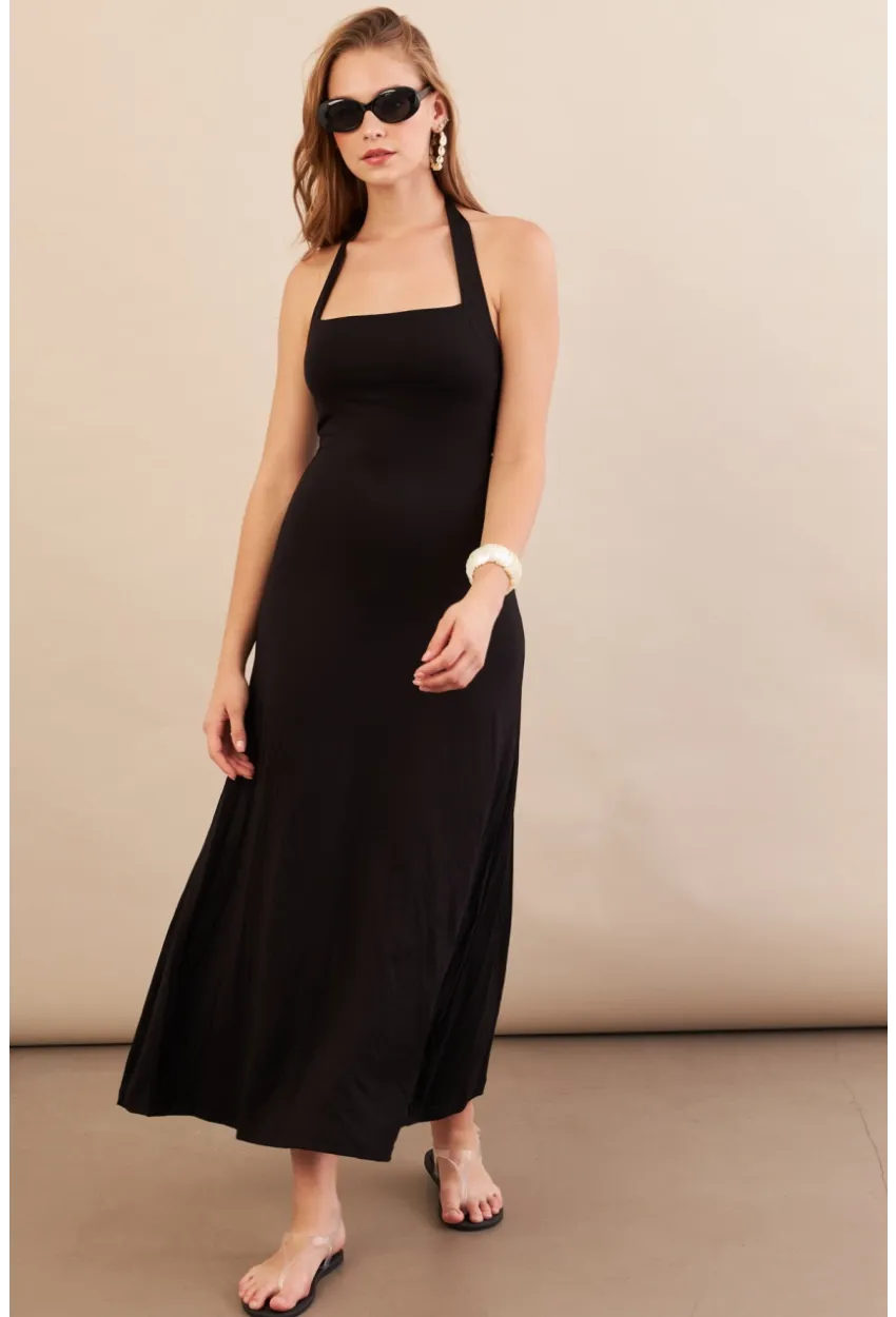Kadın Siyah Boyun Bağlamalı Halter Midaxi Elbise EY3113