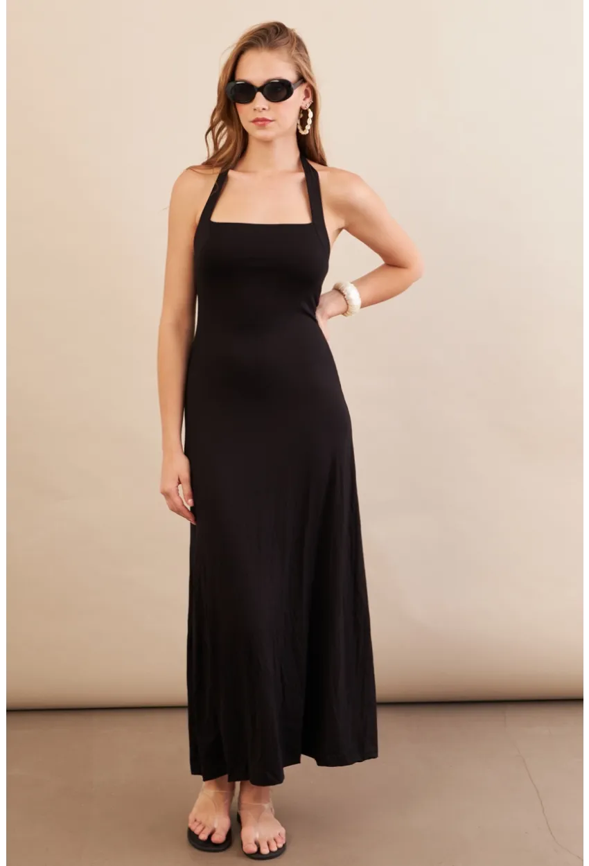 Kadın Siyah Boyun Bağlamalı Halter Midaxi Elbise EY3113