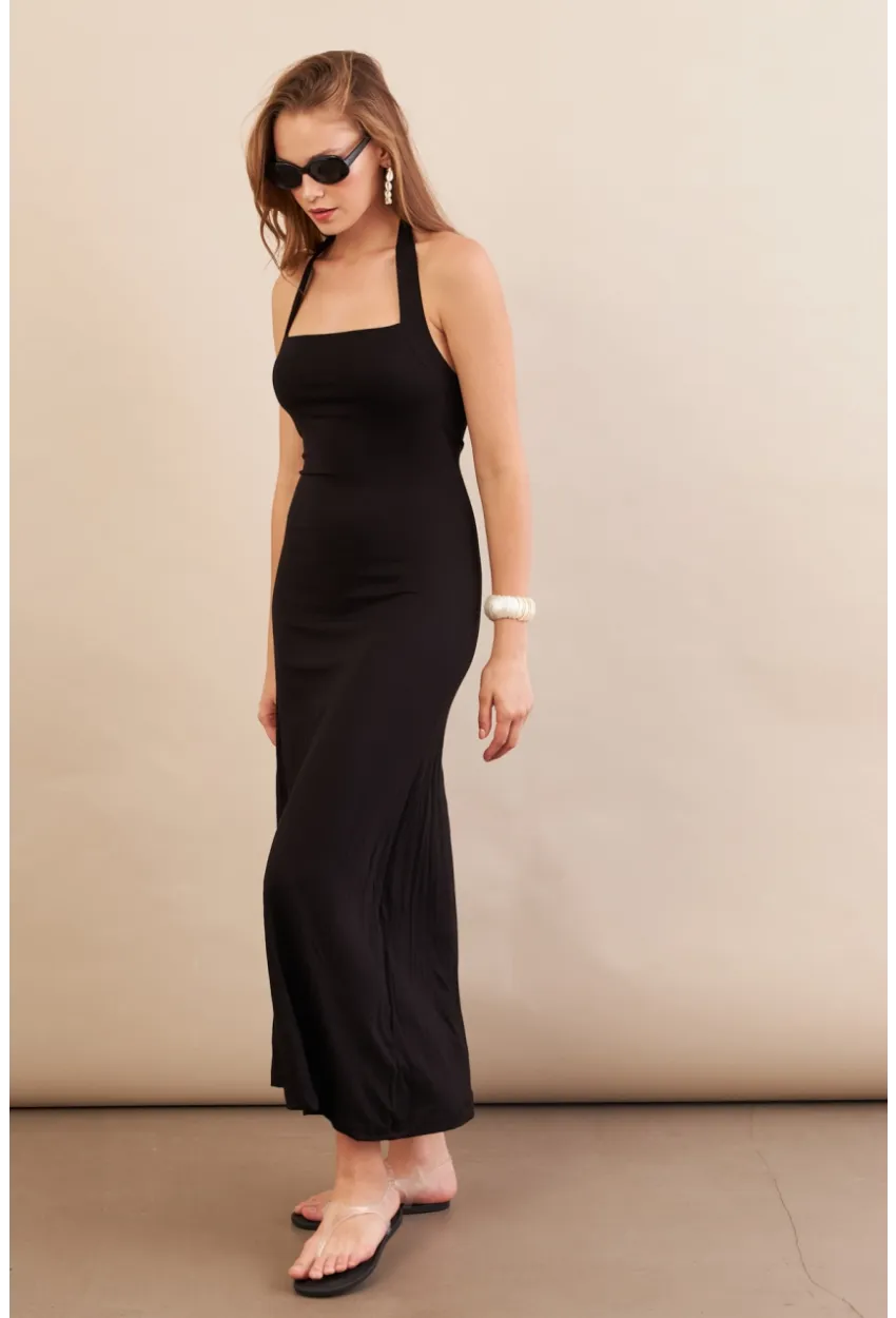 Kadın Siyah Boyun Bağlamalı Halter Midaxi Elbise EY3113