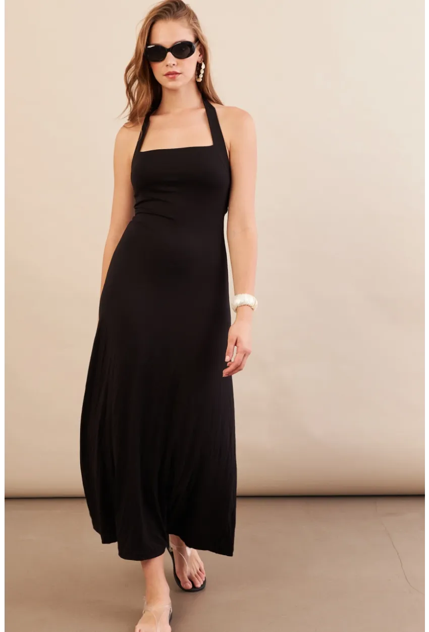 Kadın Siyah Boyun Bağlamalı Halter Midaxi Elbise EY3113