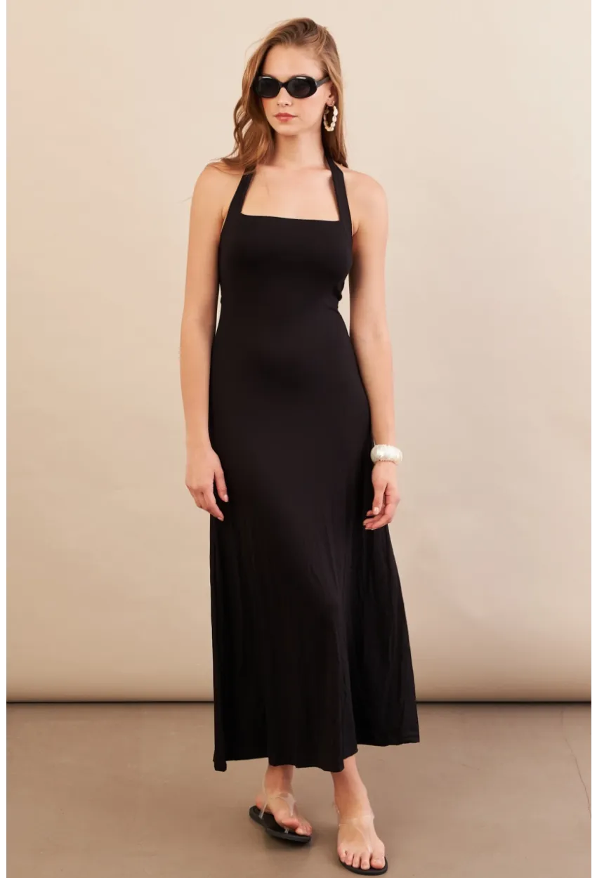 Kadın Siyah Boyun Bağlamalı Halter Midaxi Elbise EY3113