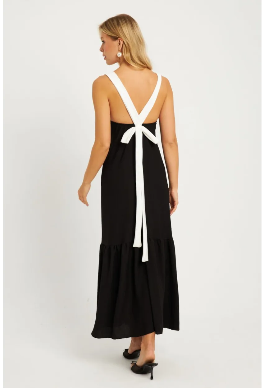 Kadın Siyah Bürümcük Kontrast Midi Elbise EY2829