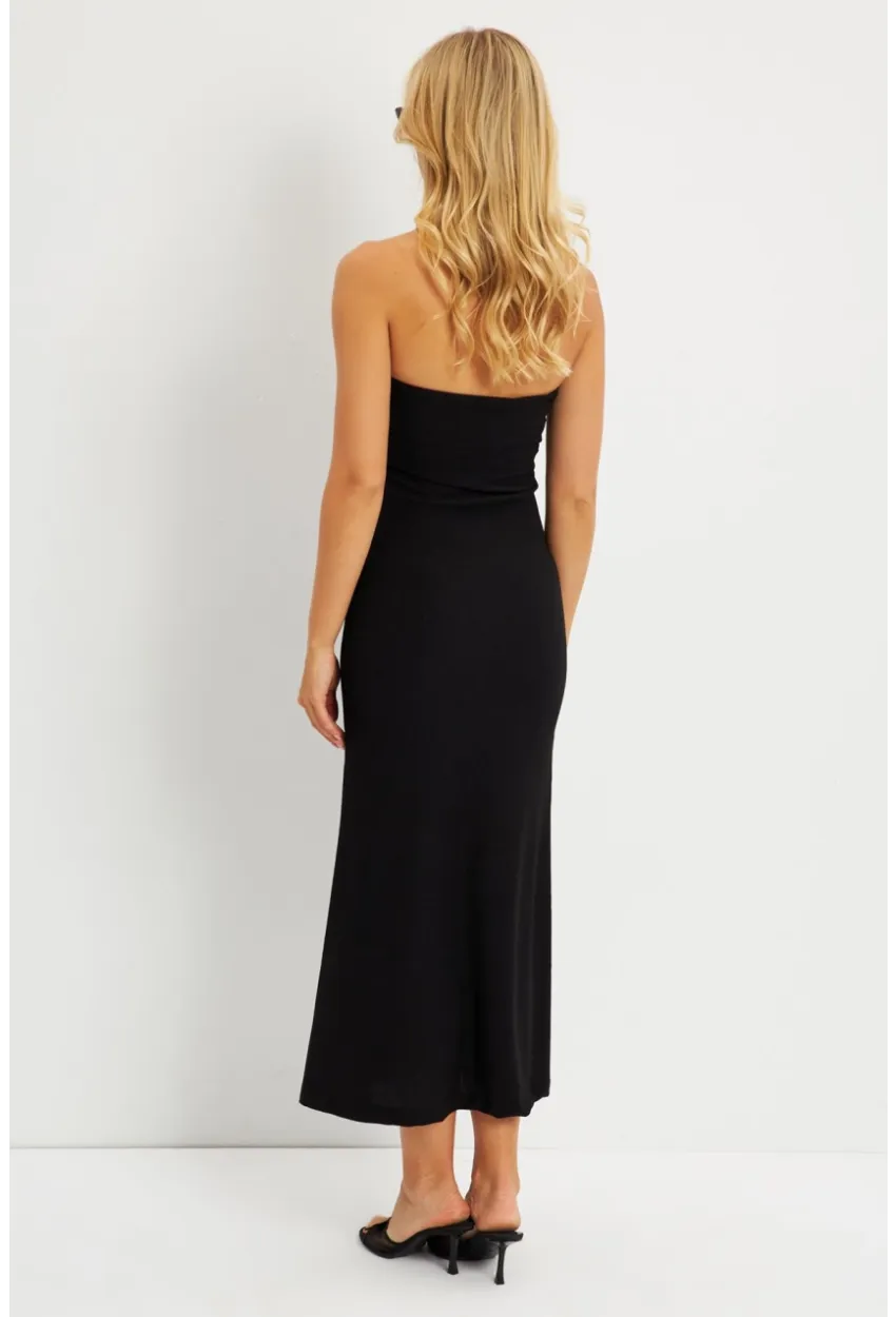 Kadın Siyah Bürümcük Straplez Midi Elbise EY2787