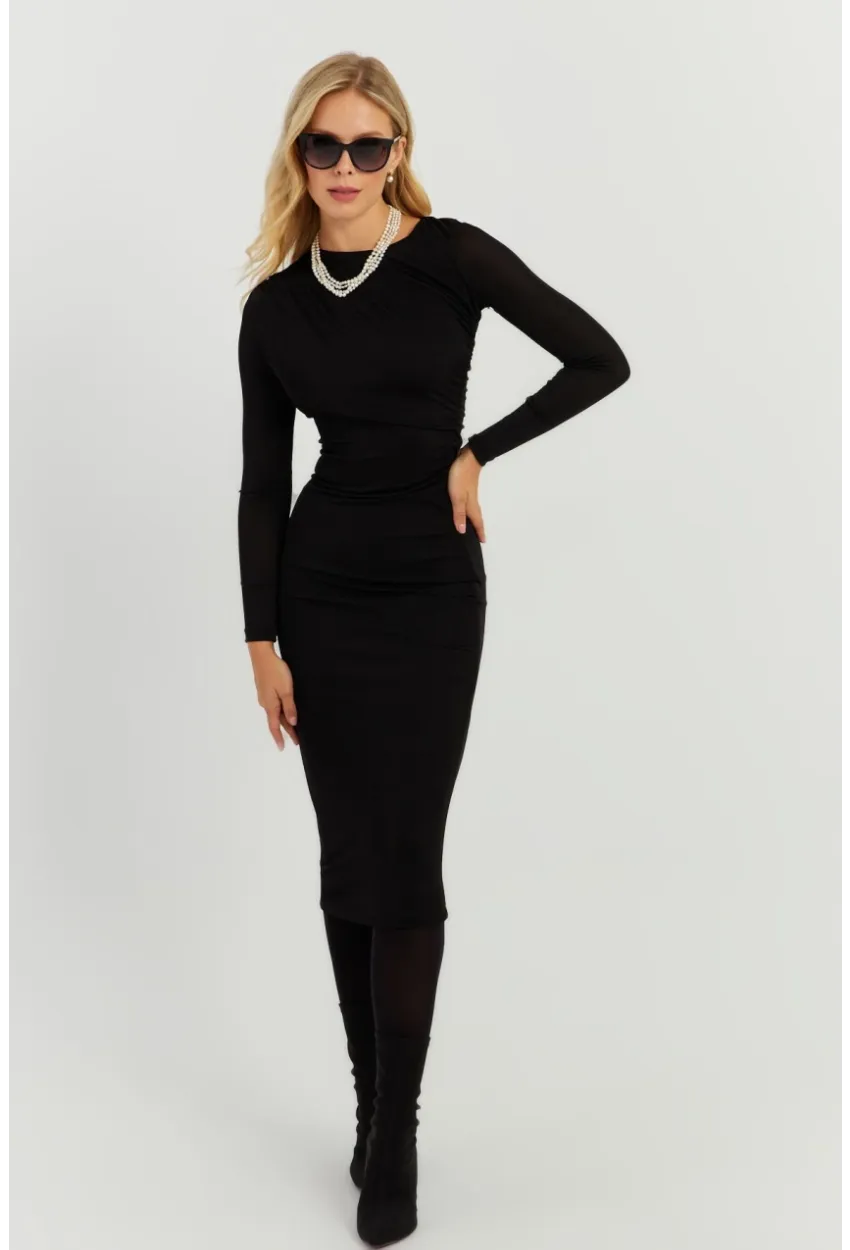 Kadın Siyah Büzgülü Buzi Midi Elbise KED147