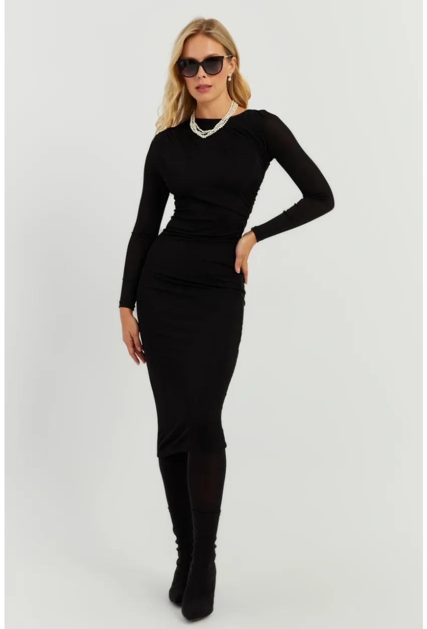 Kadın Siyah Büzgülü Buzi Midi Elbise KED147