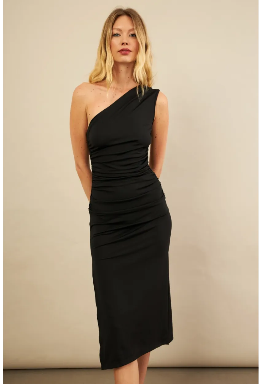 Kadın Siyah Büzgülü Tek Omuz Midi Elbise YEL221676