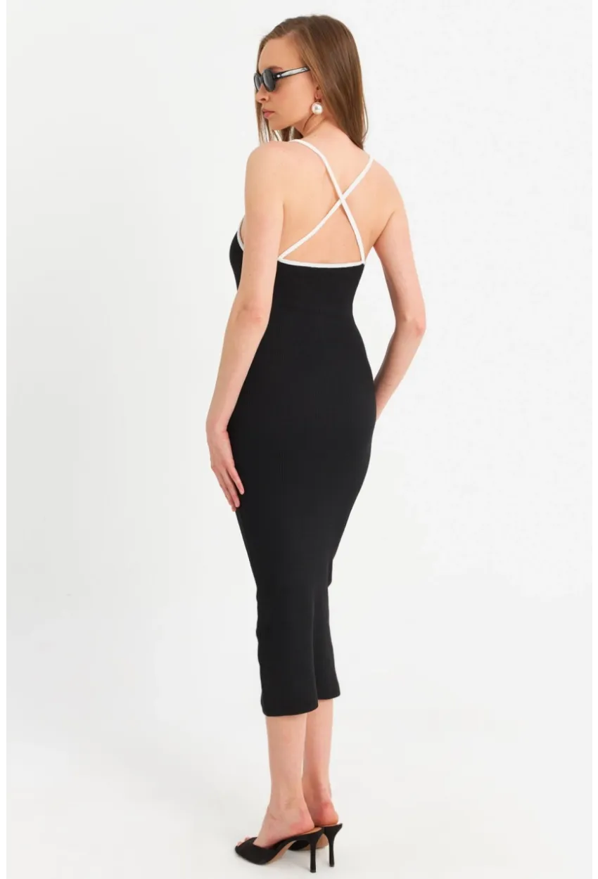 Kadın Siyah Çapraz Askılı Midi Elbise OR2452