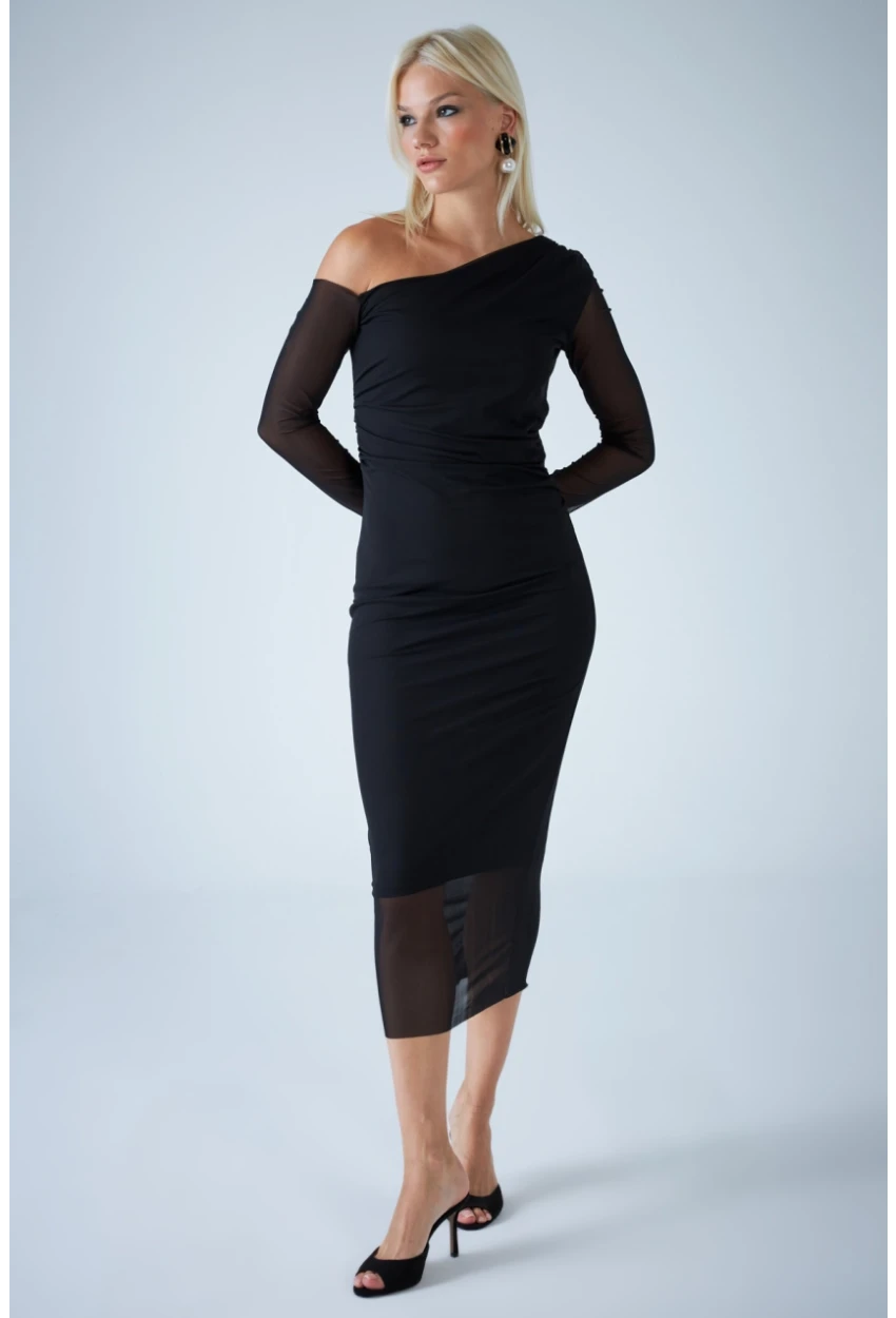 Kadın Siyah Çapraz Yaka Astarlı Midi Tül Elbise RSP1741