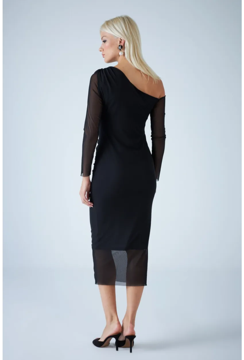 Kadın Siyah Çapraz Yaka Astarlı Midi Tül Elbise RSP1741