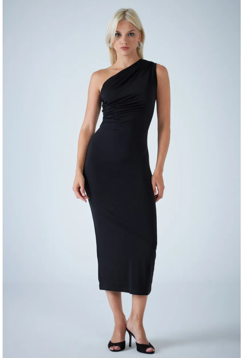 Kadın Siyah Çapraz Yaka Midi Elbise ELN603