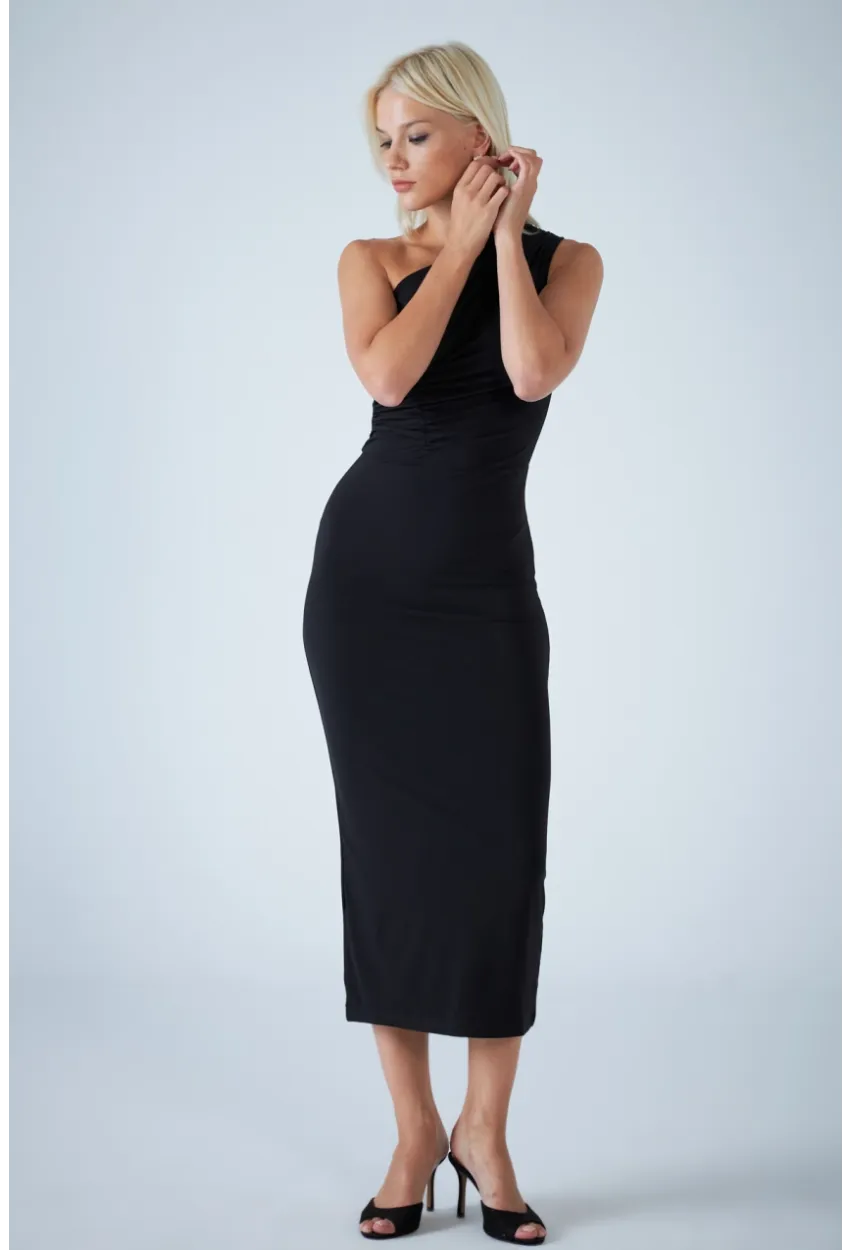 Kadın Siyah Çapraz Yaka Midi Elbise ELN603