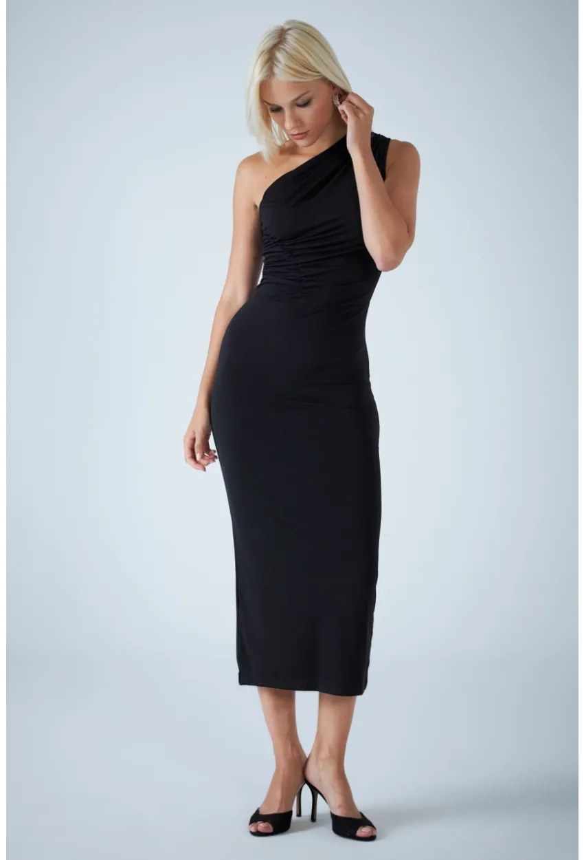 Kadın Siyah Çapraz Yaka Midi Elbise ELN603