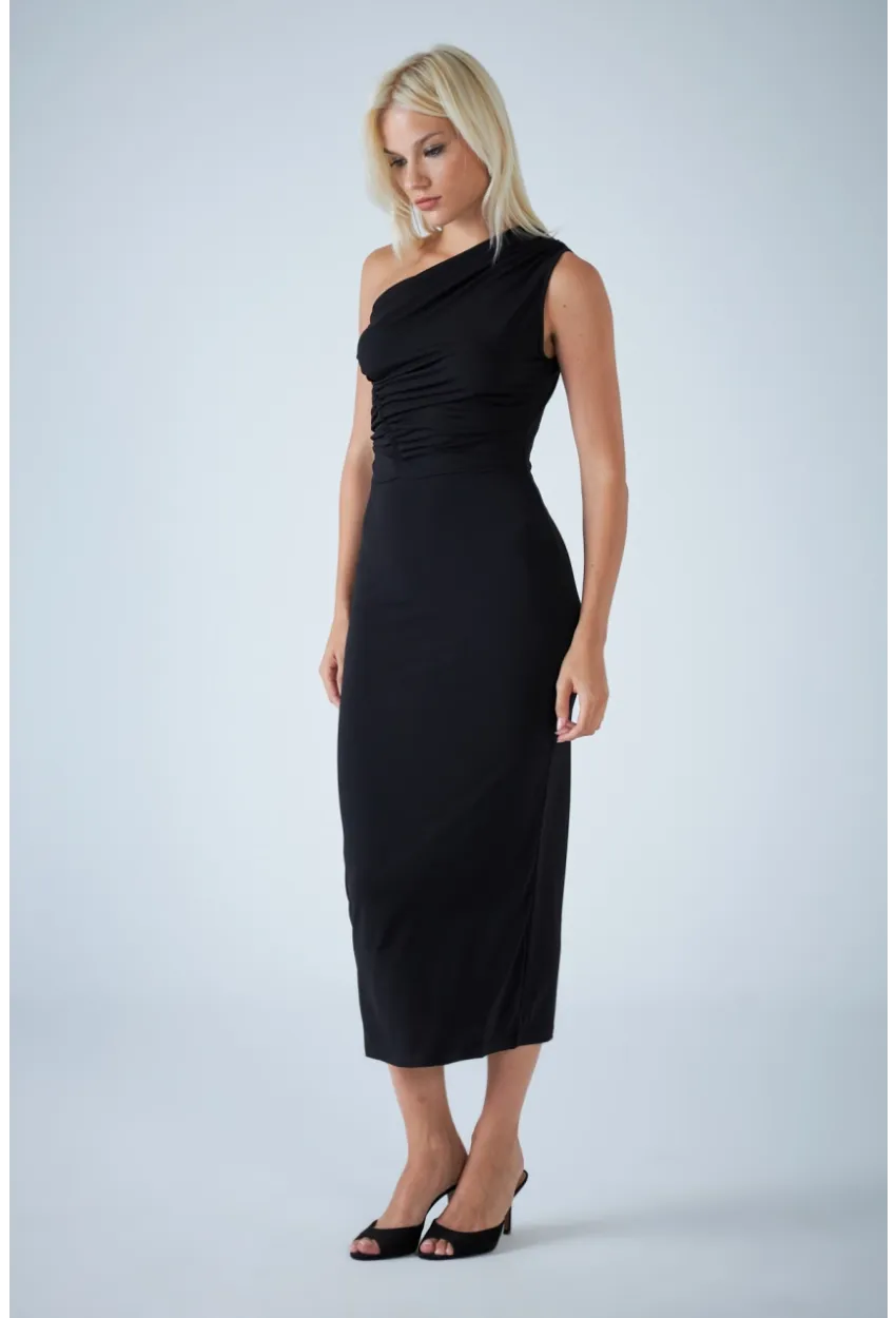 Kadın Siyah Çapraz Yaka Midi Elbise ELN603