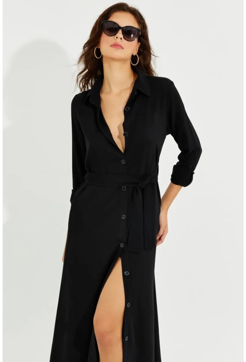 Kadın Siyah Cepli Gömlek Midi Elbise BK1683