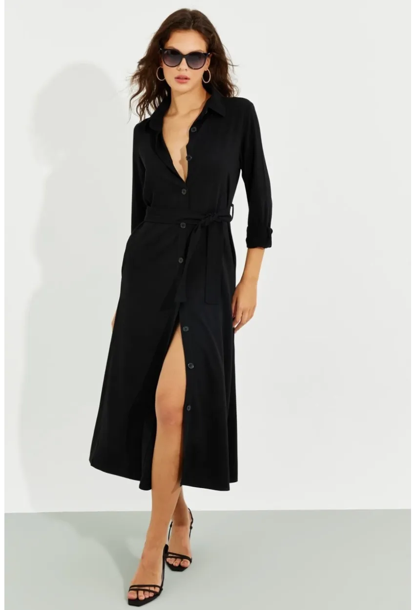 Kadın Siyah Cepli Gömlek Midi Elbise BK1683