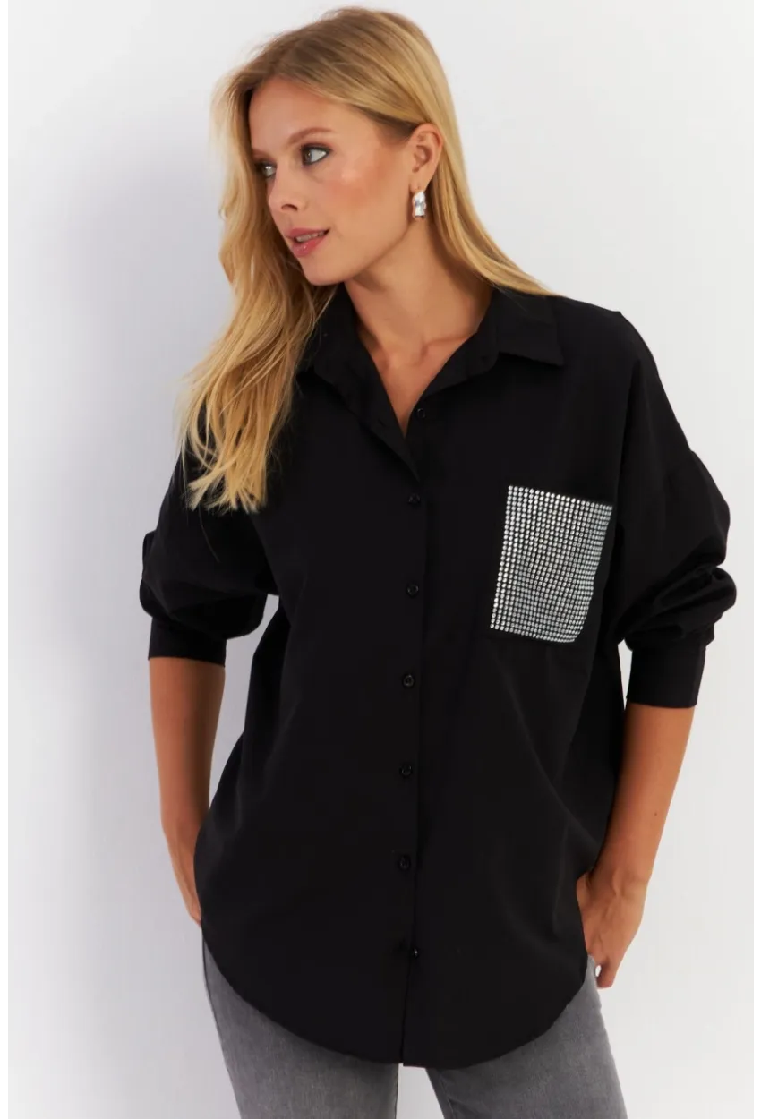 Kadın Siyah Cepli Taşlı Gömlek ZER414
