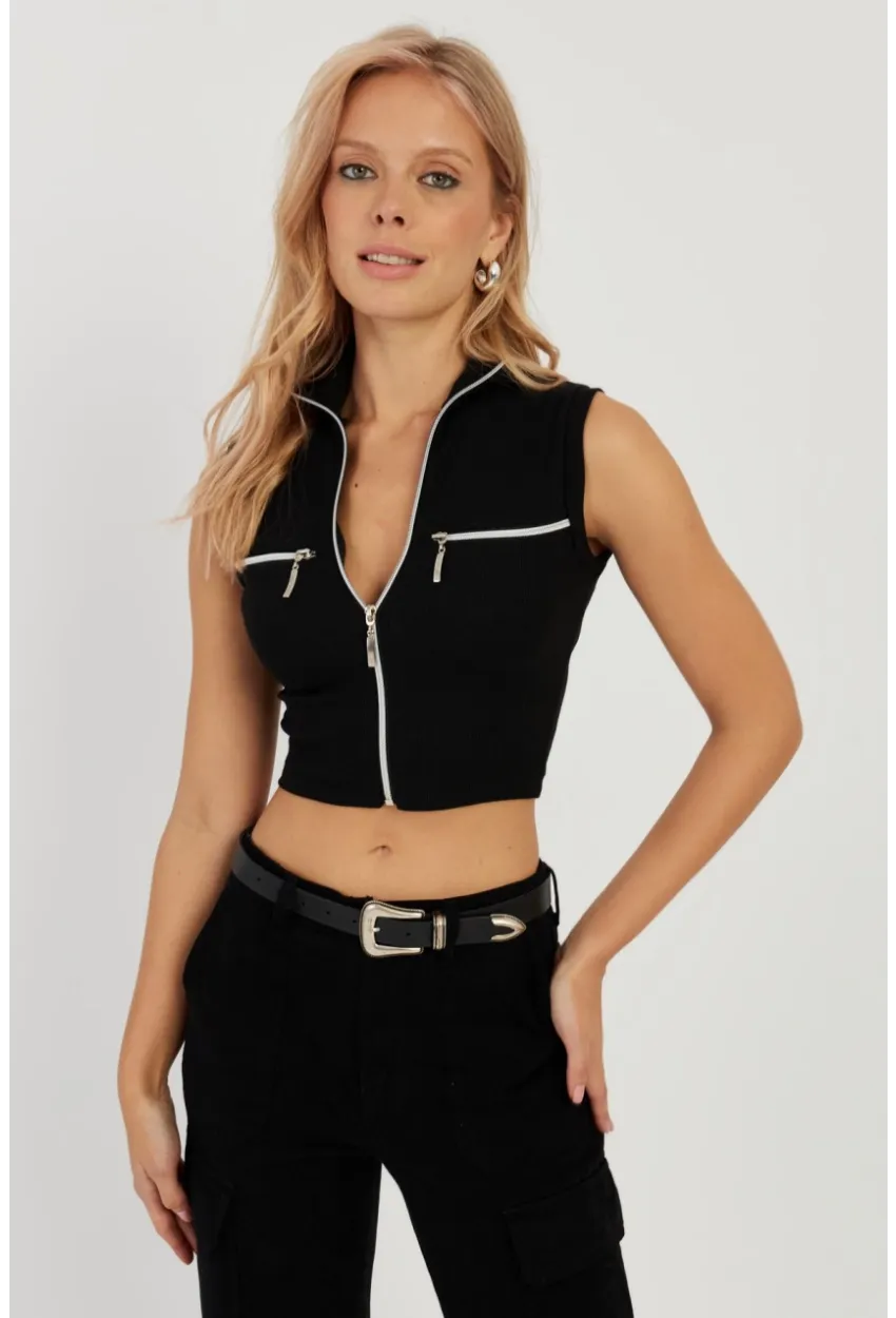 Kadın Siyah Çift Fermuarlı Kaşkorse Bluz EY2735