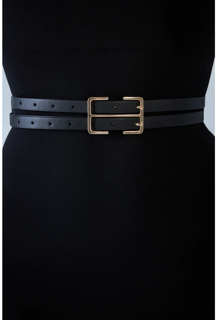 Kadın Siyah Çift Tokalı Çiftli Kemer BE723