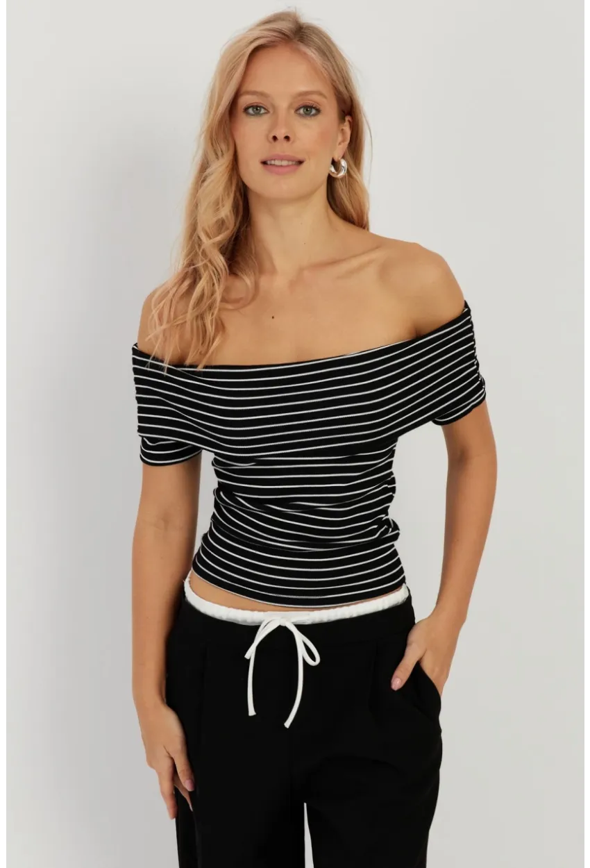 Kadın Siyah Çizgili Madonna Bluz YZ1001