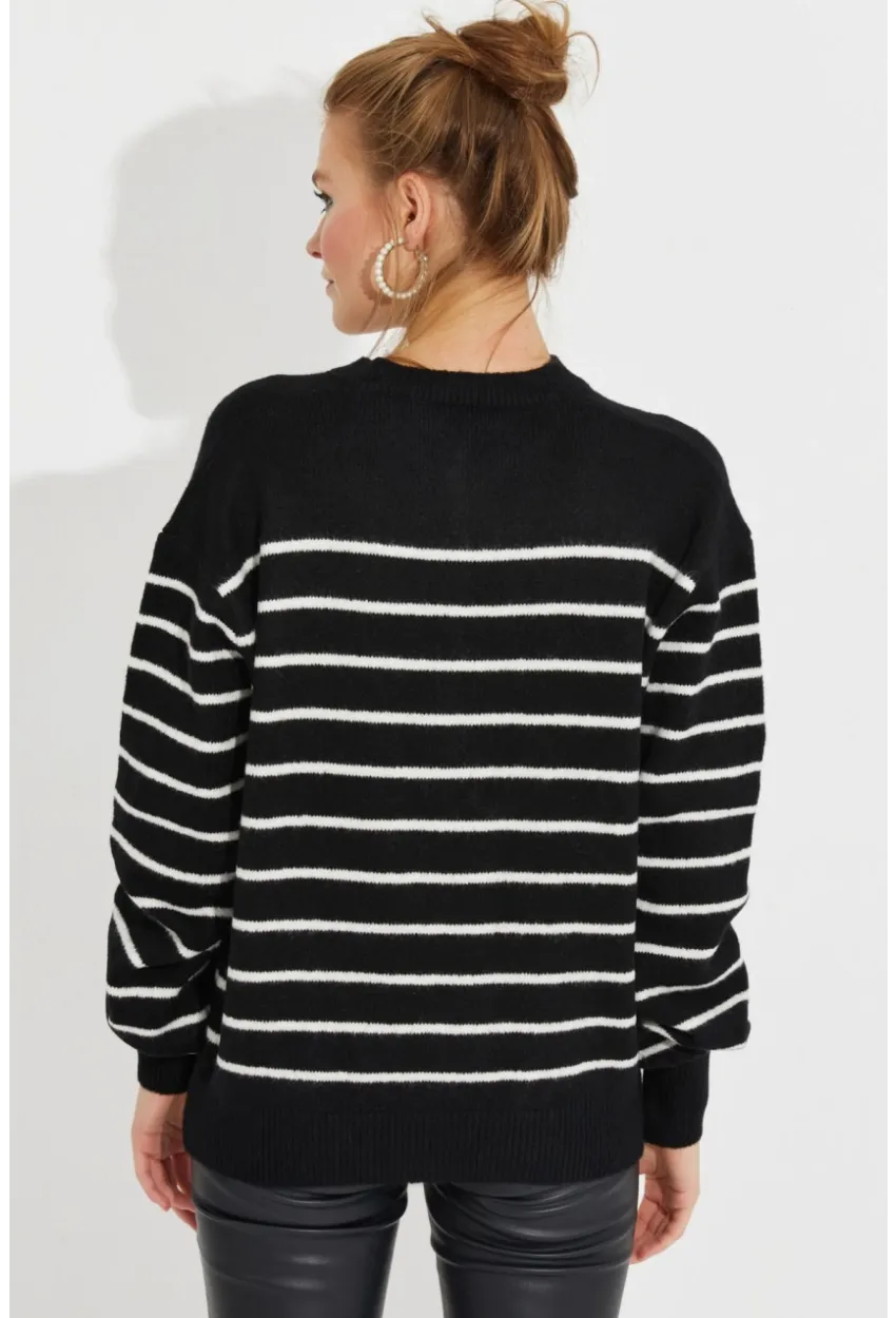 Kadın Siyah Çizgili Triko Kazak SMT219