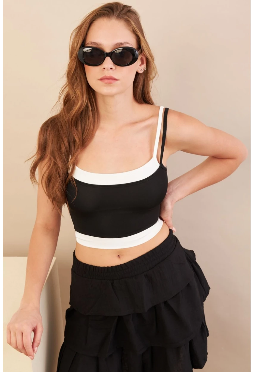 Kadın Siyah Color Block Askılı Crop Bluz AN8082
