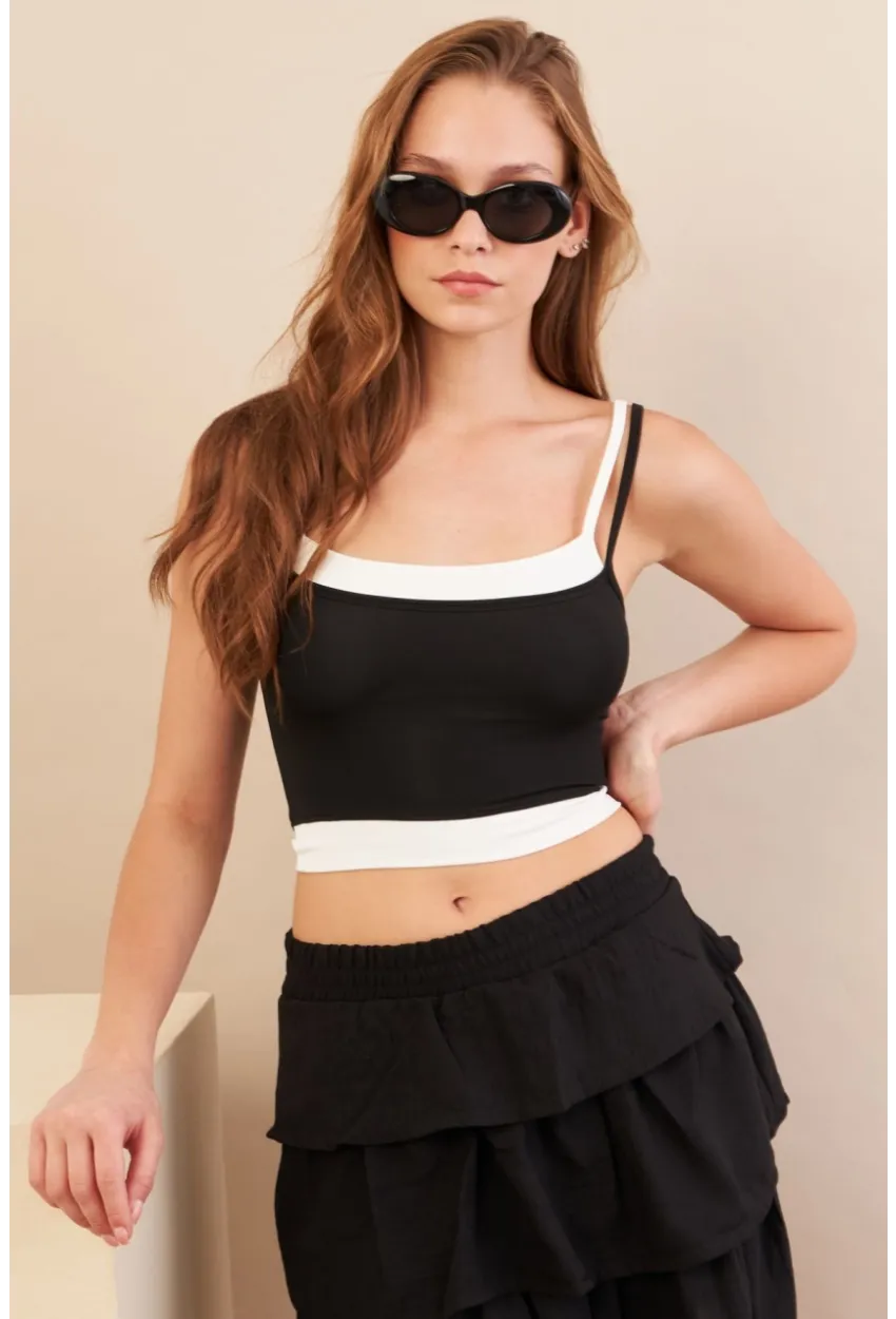 Kadın Siyah Color Block Askılı Crop Bluz AN8082