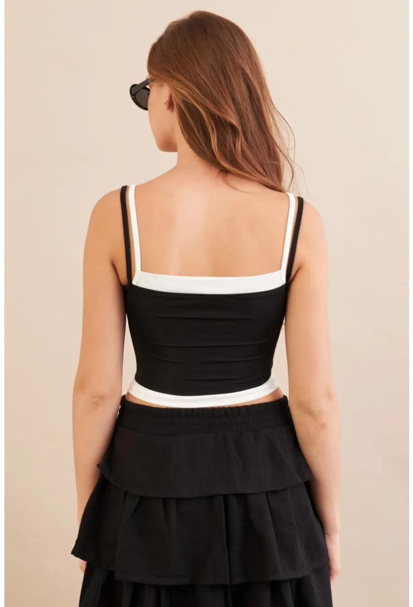 Kadın Siyah Color Block Askılı Crop Bluz AN8082