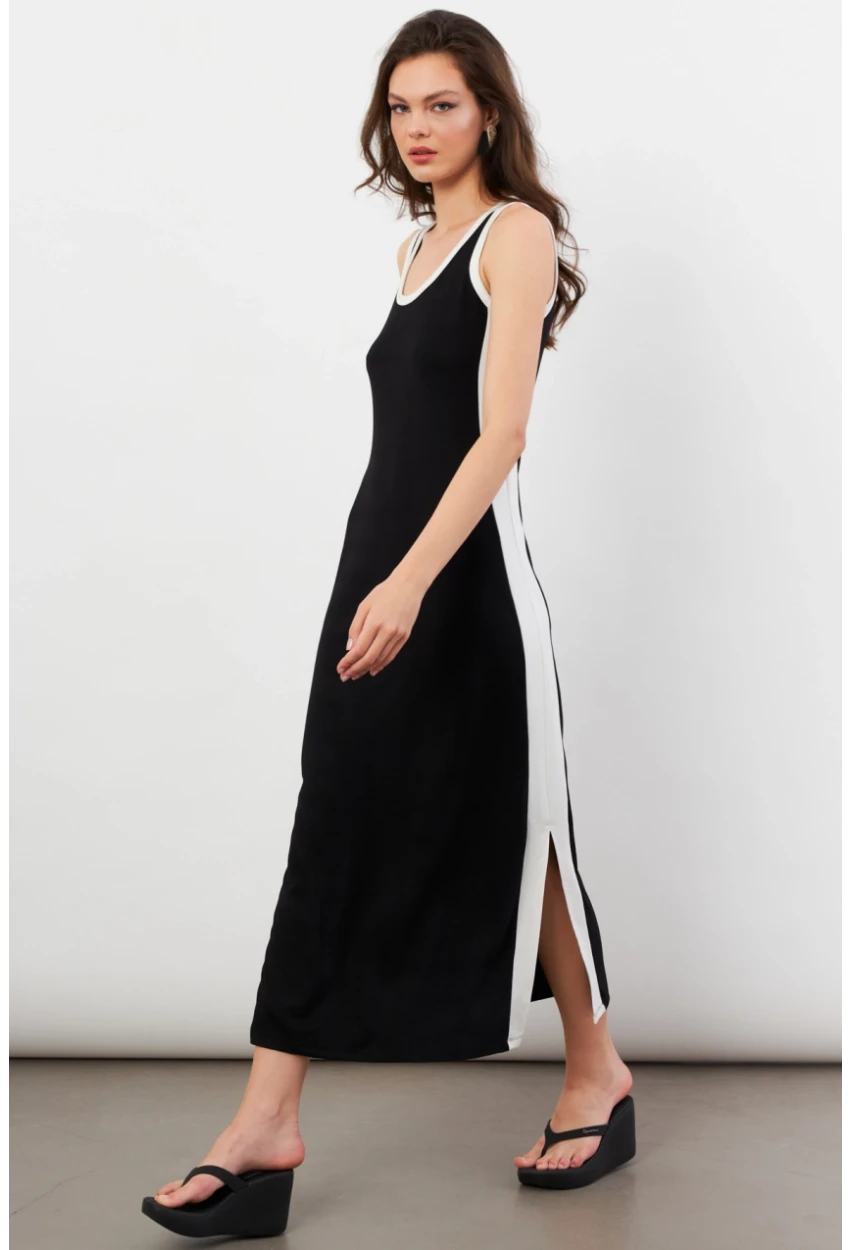 Kadın Siyah Color Block Yırtmaçlı Midi Elbise UG105