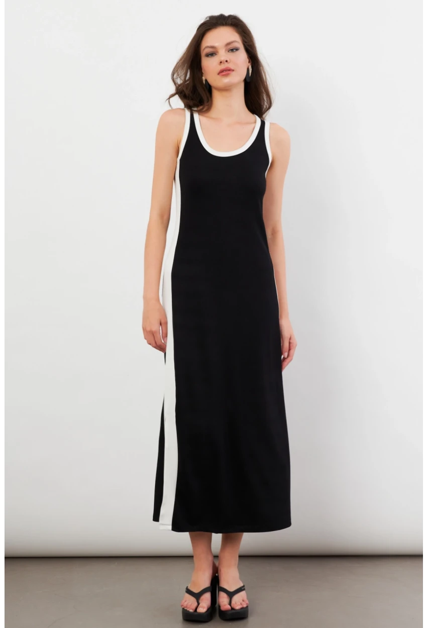 Kadın Siyah Color Block Yırtmaçlı Midi Elbise UG105