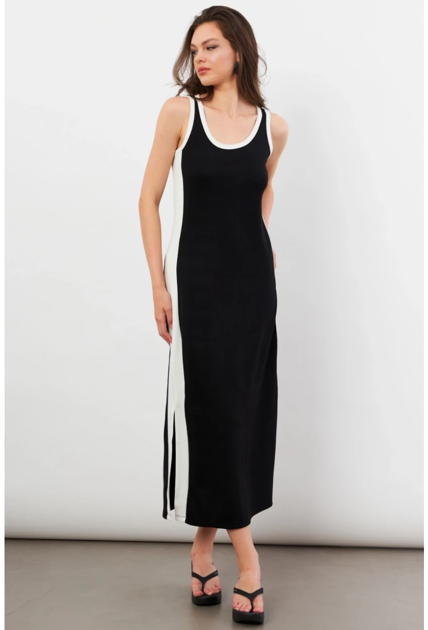 Kadın Siyah Color Block Yırtmaçlı Midi Elbise UG105