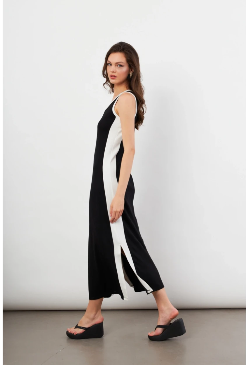 Kadın Siyah Color Block Yırtmaçlı Midi Elbise UG105