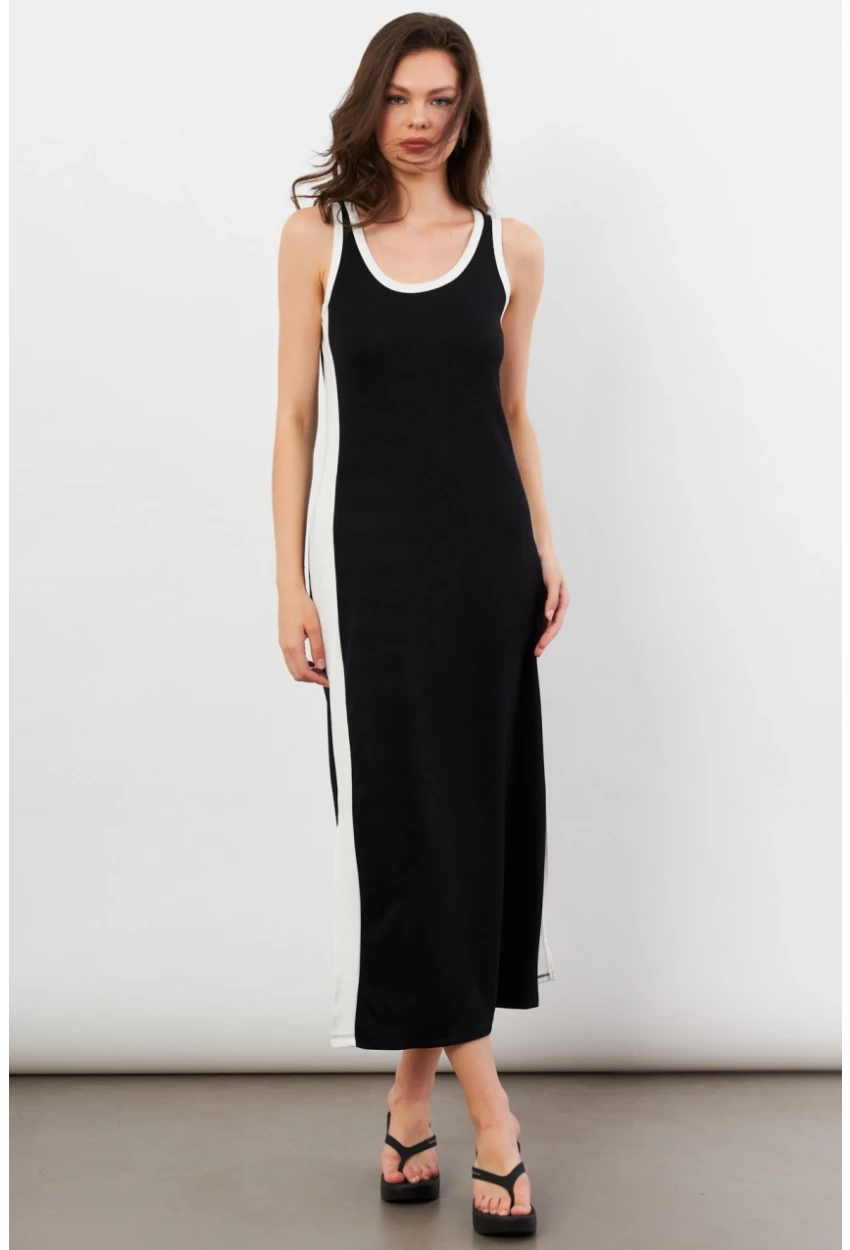 Kadın Siyah Color Block Yırtmaçlı Midi Elbise UG105