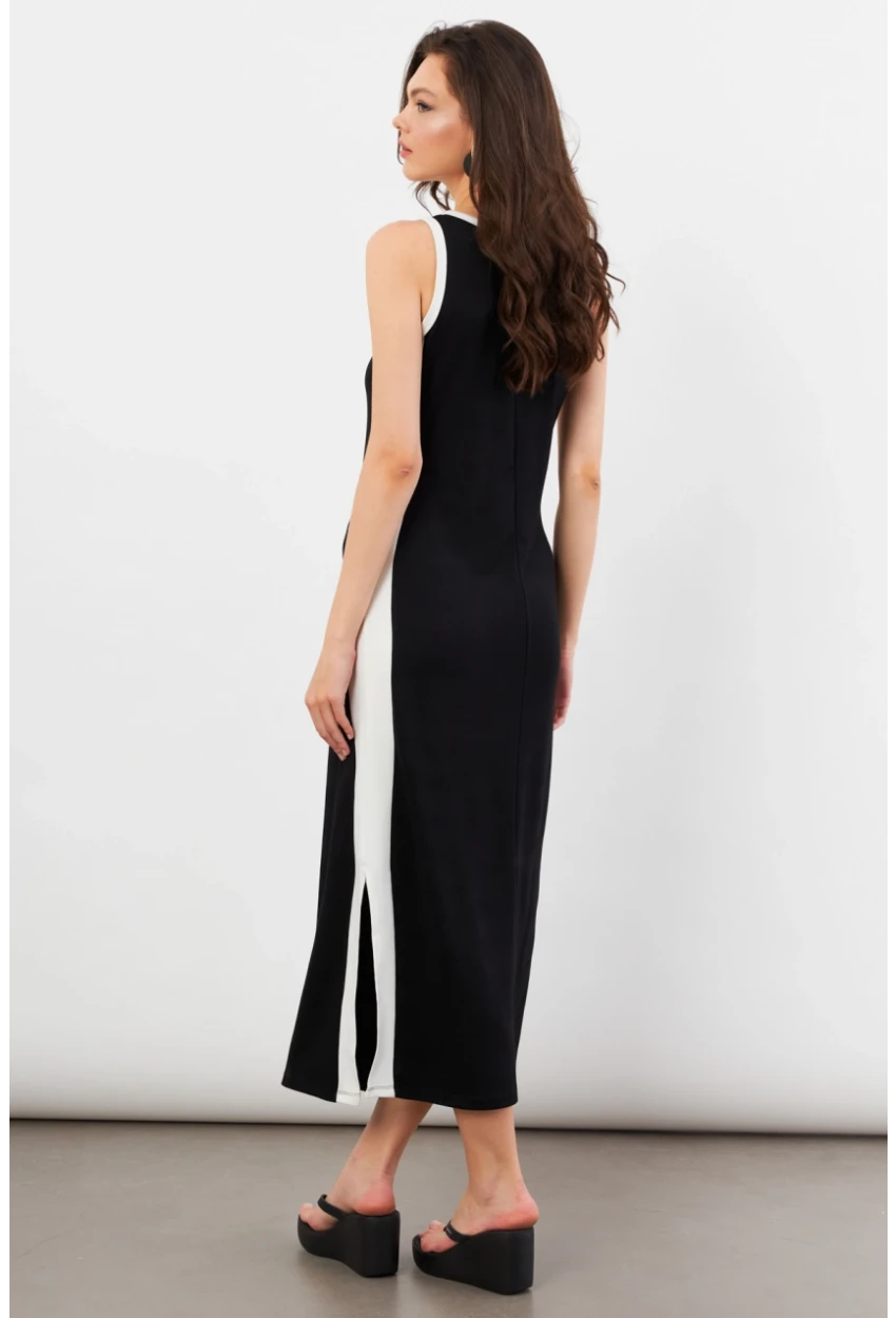 Kadın Siyah Color Block Yırtmaçlı Midi Elbise UG105