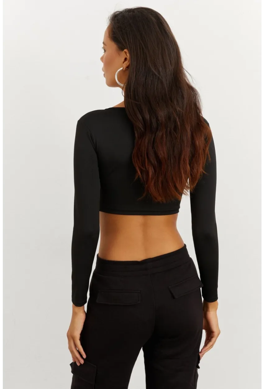 Kadın Siyah Crop Bluz CG261