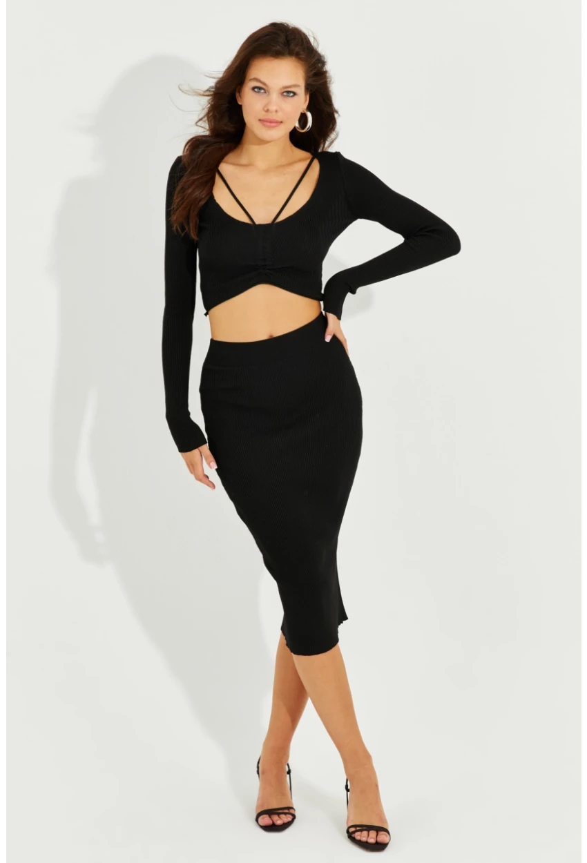 Kadın Siyah Crop Etek Takım KZ2201