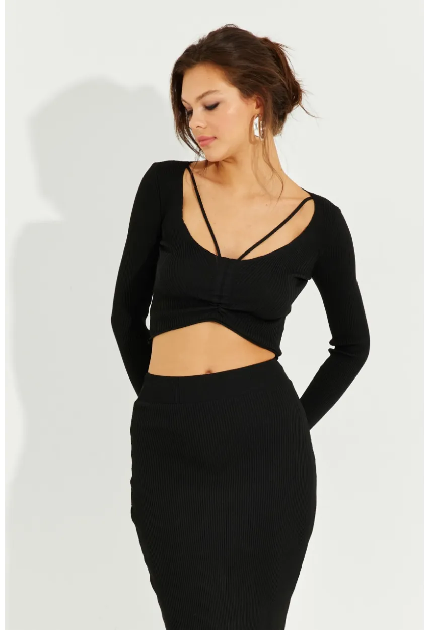 Kadın Siyah Crop Etek Takım KZ2201