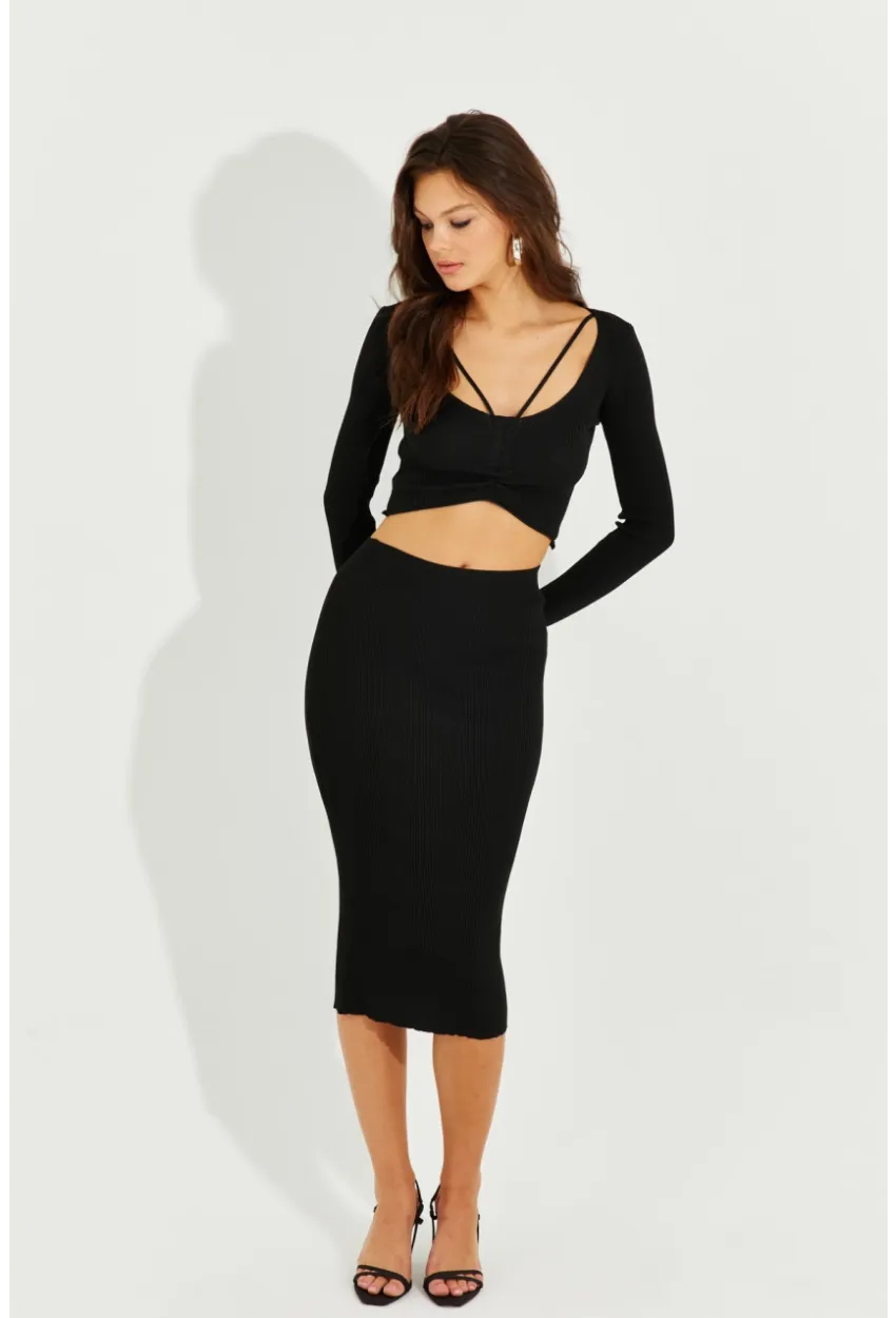 Kadın Siyah Crop Etek Takım KZ2201