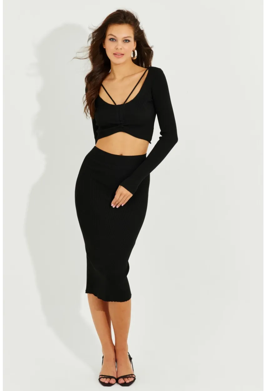 Kadın Siyah Crop Etek Takım KZ2201