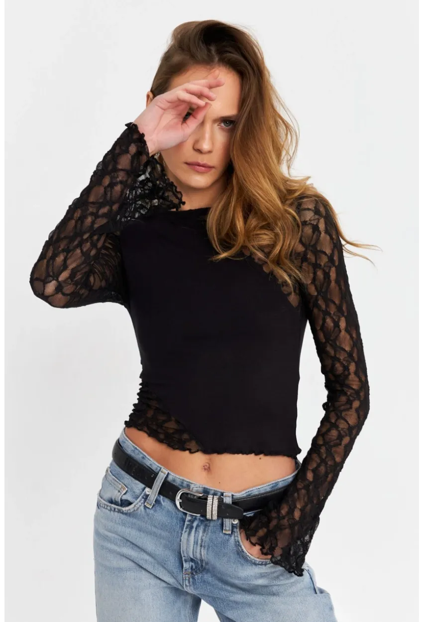 Kadın Siyah Dantel Bloklu Bluz FS9832